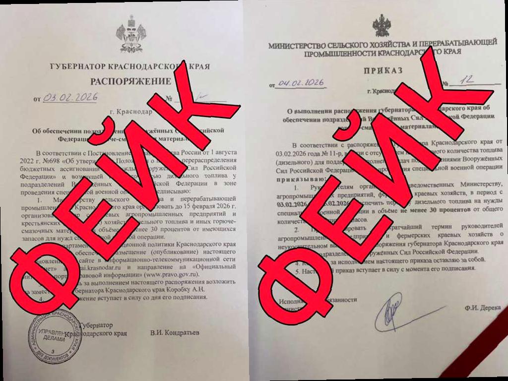 Кубанский оперштаб опровергает информацию о передаче топлива на нужды Вооруженных Сил РФ, которая распространяется в соцсетях и СМИ. По данным оперштаба, появившиеся документы являются подделкой и не имеют никакого отношения к реальным распоряжениям губернатора и министра сельского хозяйства региона.